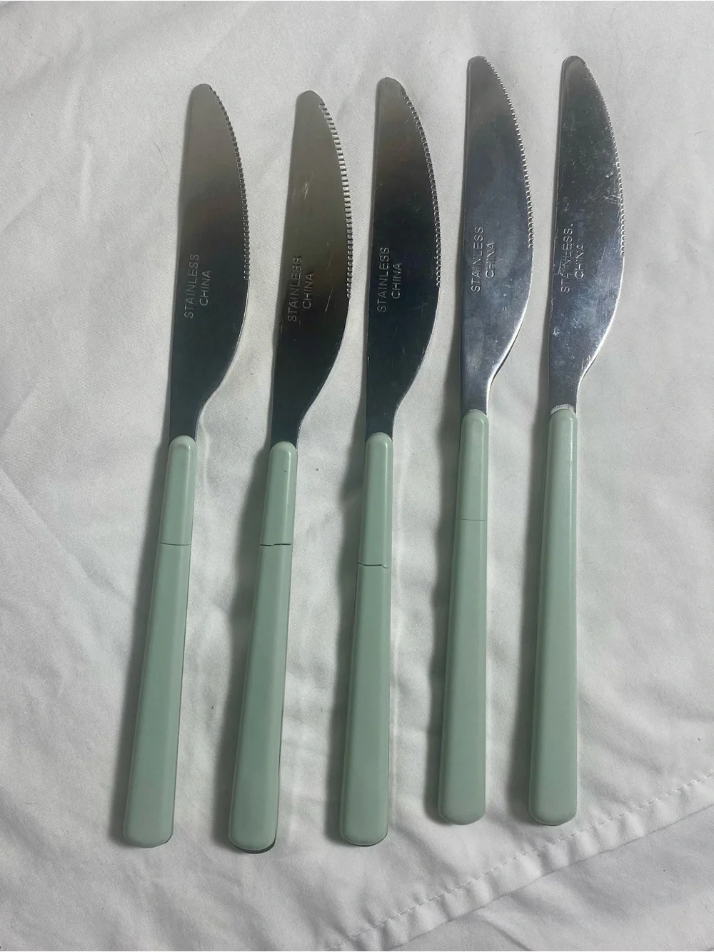 Vintage Set of 5 Green Handle Stainless Steel Table Knives